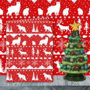 Cartes Pour Fêtes Annuelles Balayage nordique Animaux D'Hiver Rouge Et Blanc