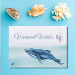 Cartes Pour Fêtes Annuelles Baleine bleue et méduse Plage des plus chaudes Wis<br><div class="desc">Cette carte de voeux de vacances Warmest dispose d'une baleine bleu aquarelle nageant avec une méduse. Ils fêtent les fêtes avec des ornements décoratifs. Salutation intérieure - "De notre paradis de vacances à votre... " Le salut peut être personnalisé pour lire comme vous le souhaitez. -près du Beach Bum</div>