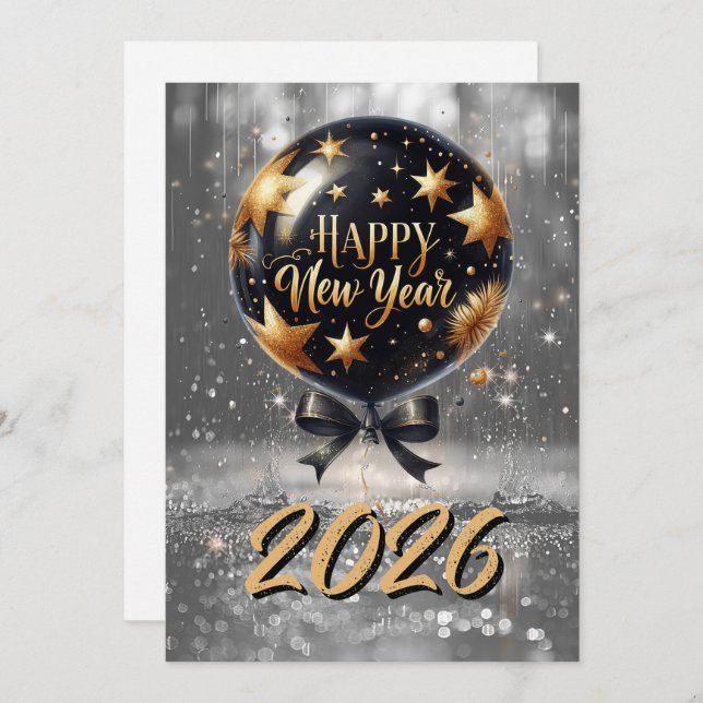 Cartes Pour Fêtes Annuelles Ballon de Nouvel An Golden Sparkle avec lueur 2026 (Devant / Derrière)