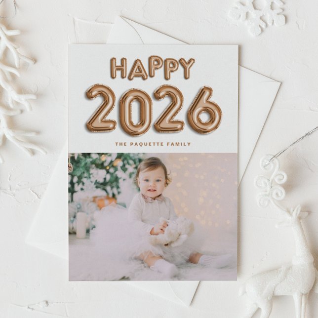 Cartes Pour Fêtes Annuelles Ballons à huile de cuivre 2025 Bonne année photo (Customizable photo Happy New Year card featuring festive rose gold foil mylar balloons.)