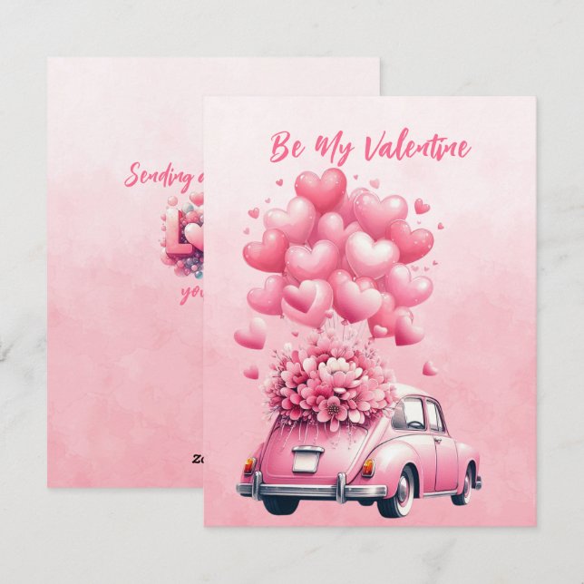 Cartes Pour Fêtes Annuelles Ballons de cœur rose dans une voiture rose (Devant / Derrière)