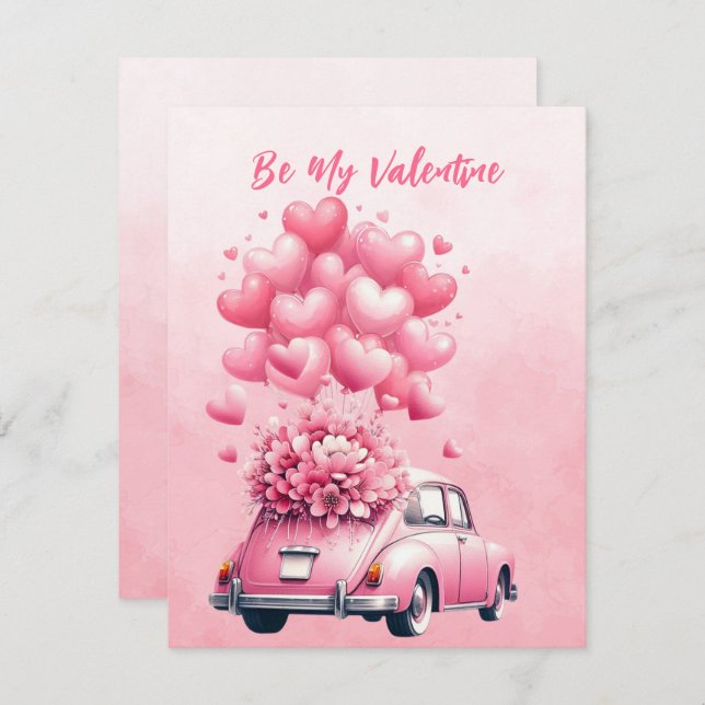 Cartes Pour Fêtes Annuelles Ballons de coeurs roses Voiture rose  (Devant / Derrière)