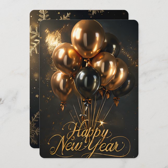 Cartes Pour Fêtes Annuelles Balloons noirs et dorés pour une bonne année éléga (Devant / Derrière)