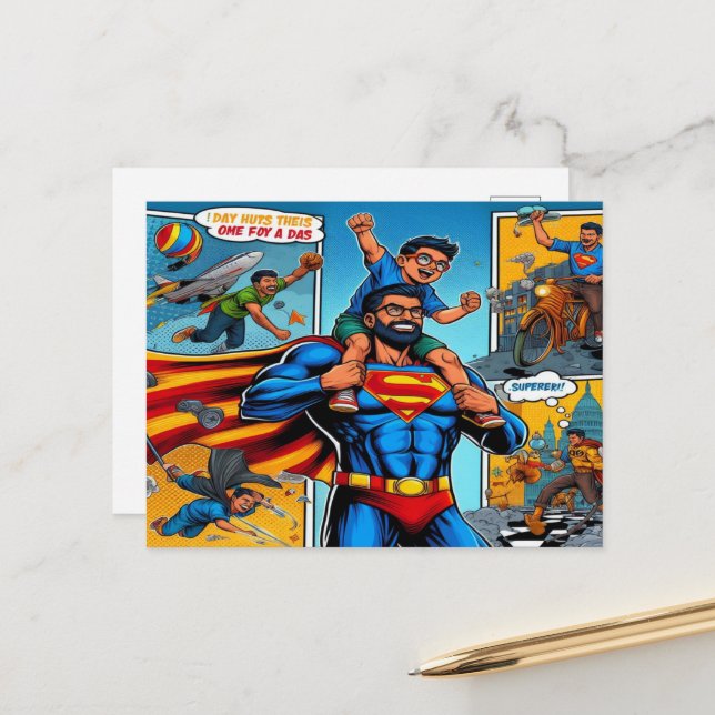 Cartes Pour Fêtes Annuelles Bande dessinée Superhero Fathers (Devant/Arrière en situation)