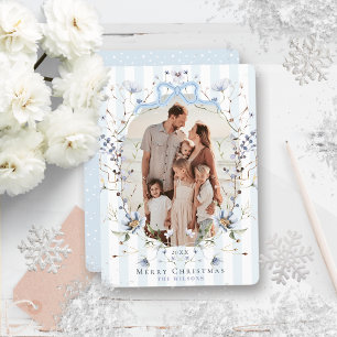 Cartes Pour Fêtes Annuelles Bandes Bleues Pâles & Fleur Photographie Noël