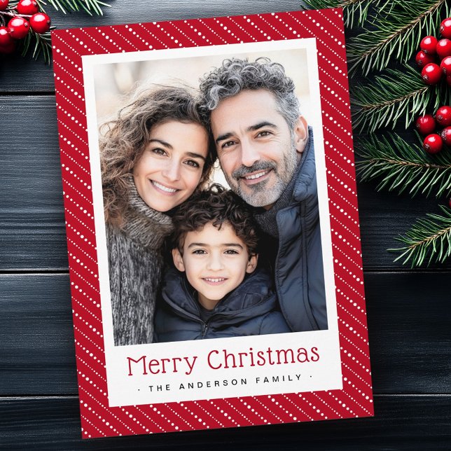 Cartes Pour Fêtes Annuelles Bandes mignonnes pointillées joyeux photo de Noël  (Cute dotted stripes merry Christmas photo red Holiday Card)