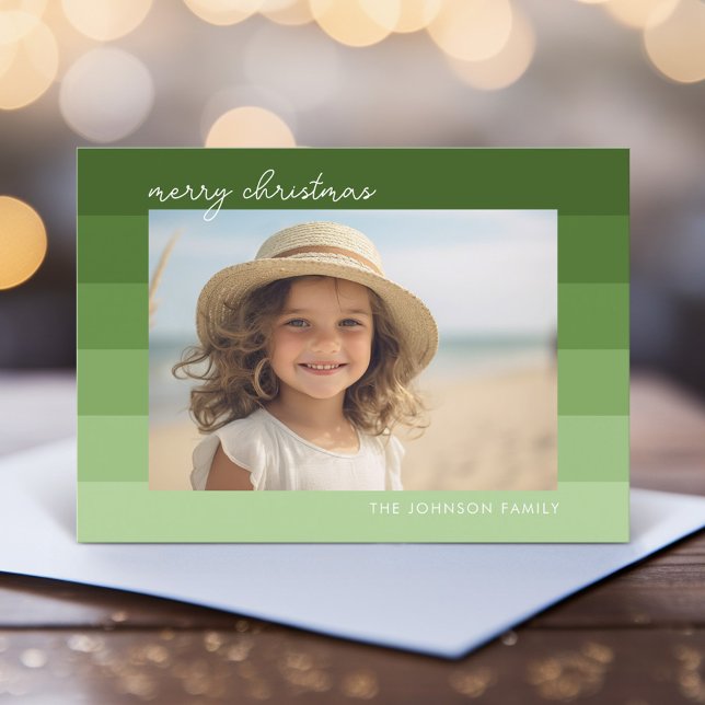 Cartes Pour Fêtes Annuelles Bandes monochromatiques - Vert - 1 Photo Joyeux (Retro Stripe Christmas Card with Horizontal Photo - Vibrant Olive Green - Print and Download Option)