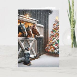 Cartes Pour Fêtes Annuelles Barne à cheval avec arbre de Noël et chien