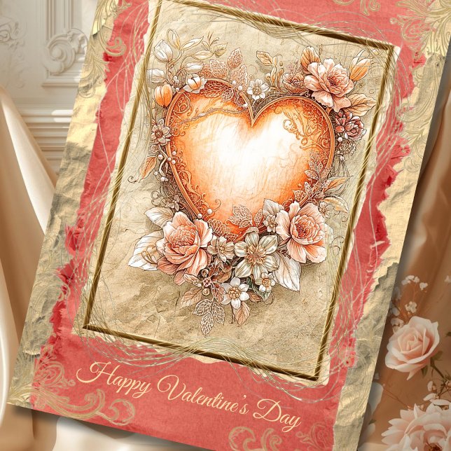 Cartes Pour Fêtes Annuelles Baroque Floral Heart in Gold and Blush Tones (Créateur téléchargé)