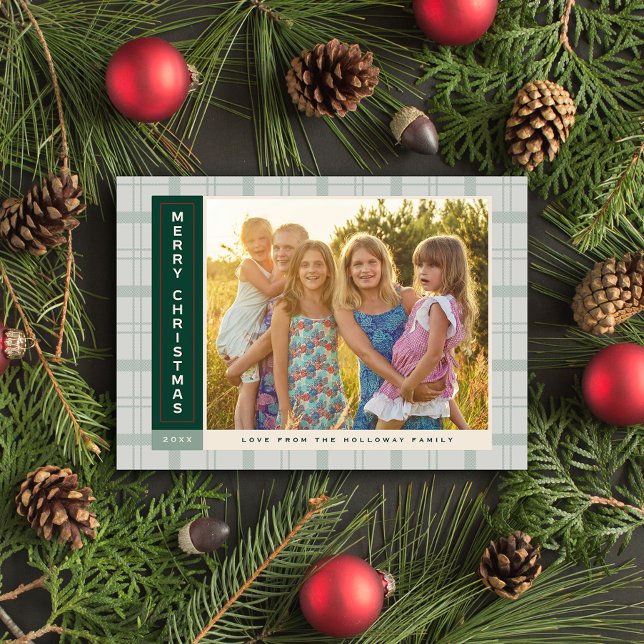 Cartes Pour Fêtes Annuelles Barre latérale à carreaux sage (Sage Green Plaid Sidebar Photo Holiday Card)