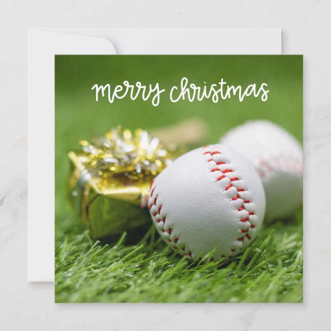 Cartes Pour Fêtes Annuelles Baseball Joyeux Noël avec balle sur l'herbe verte (Devant)