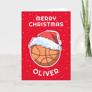 Cartes Pour Fêtes Annuelles Basket Ball Rouge Père Noël Nom de l'enfant