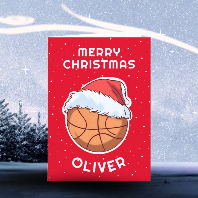 Cartes Pour Fêtes Annuelles Basket Ball Rouge Père Noël Nom de l'enfant (Créateur téléchargé)