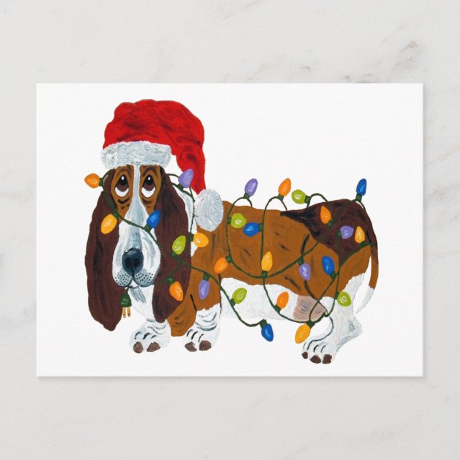 Cartes Pour Fêtes Annuelles Basset embrouillé dans des lumières de Noël (Devant)