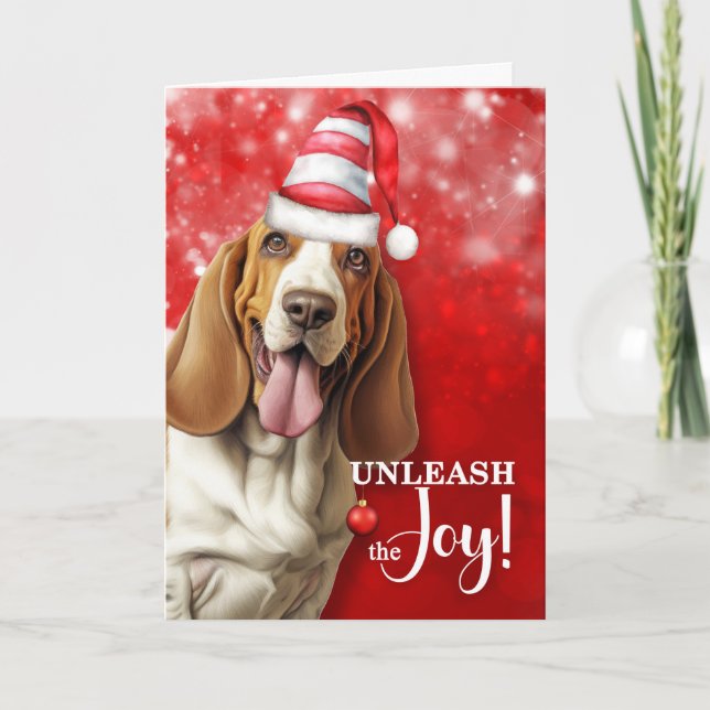 Cartes Pour Fêtes Annuelles Basset Hound Dog Unleash la joie Noël (Devant)
