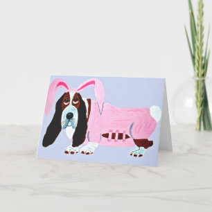 Cartes Pour Fêtes Annuelles Basset Hound en tenue de lapin rose