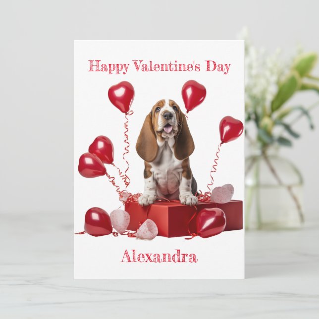 Cartes Pour Fêtes Annuelles Basset personnalisées Hound forme coeur Balloon Va (Debout devant)