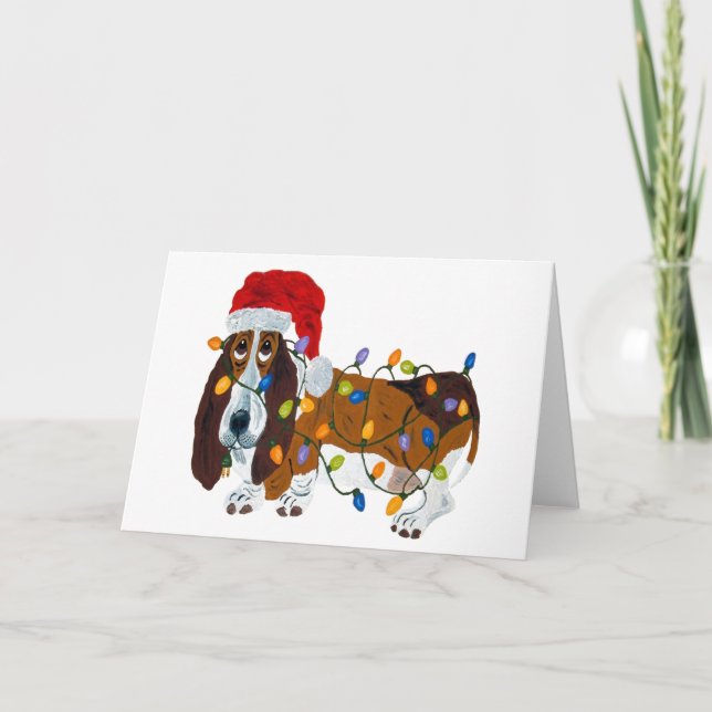 Cartes Pour Fêtes Annuelles Basset Tangé Dans Les Lumières De Noël (Devant)