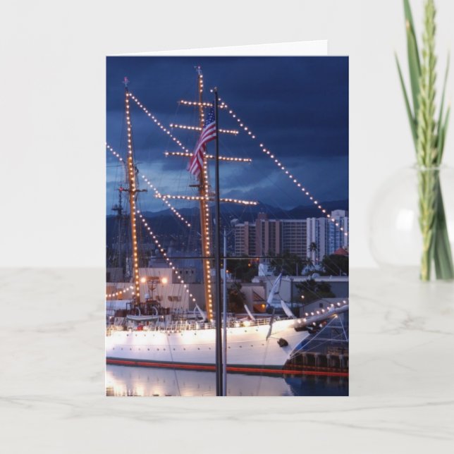 Cartes Pour Fêtes Annuelles Bateau à voile avec lumières décoratives (Devant)