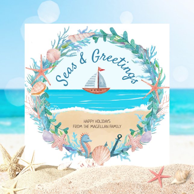 Cartes Pour Fêtes Annuelles Bateau à voile Nautical Wreath Coastal Christmas (Créateur téléchargé)