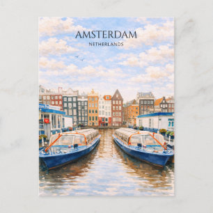Cartes Pour Fêtes Annuelles Bateaux du Canal d'Amsterdam Aquarelle Scénique