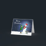 Cartes Pour Fêtes Annuelles Bâtiment Snowman<br><div class="desc">Le garçon a construit un bonhomme de neige que son chien tient debout et urine pendant que le garçon donne à l'homme de neige un nez de carotte.</div>