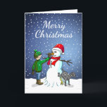 Cartes Pour Fêtes Annuelles Bâtiment Snowman<br><div class="desc">Le garçon a construit un bonhomme de neige que son chien tient debout et urine pendant que le garçon donne à l'homme de neige un nez de carotte.</div>