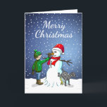 Cartes Pour Fêtes Annuelles Bâtiment Snowman<br><div class="desc">Le garçon a construit un bonhomme de neige que son chien tient debout et urine pendant que le garçon donne à l'homme de neige un nez de carotte.</div>