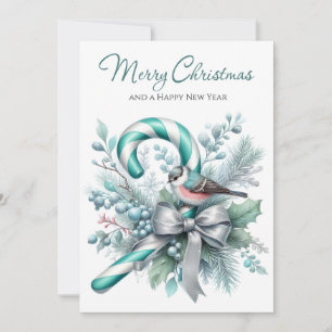 Cartes Pour Fêtes Annuelles Bâton de Noël sarcelle et Charme de l'oiseau givré