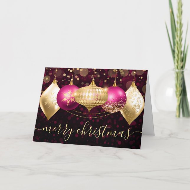 Cartes Pour Fêtes Annuelles Baubles de Noël rose et or (Devant)