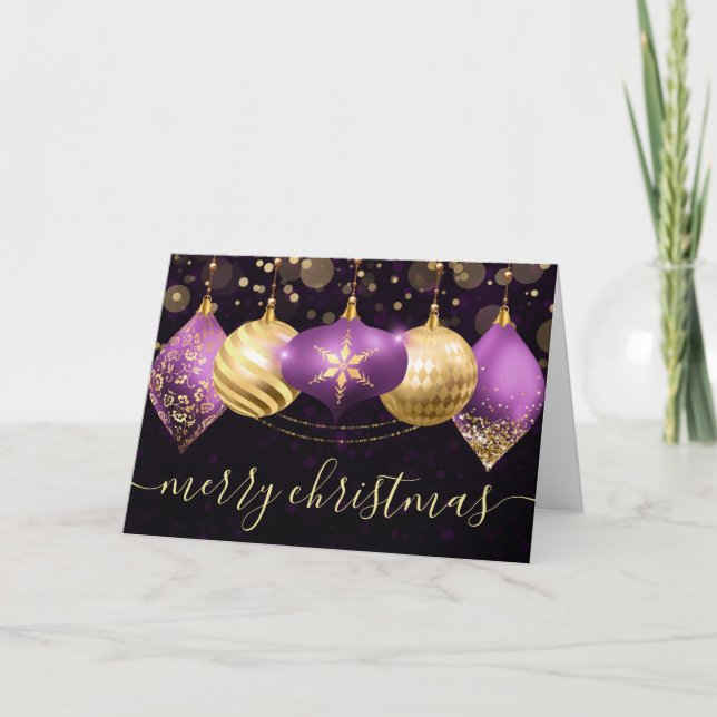 Cartes Pour Fêtes Annuelles Baubles de Noël violet et or (Devant)