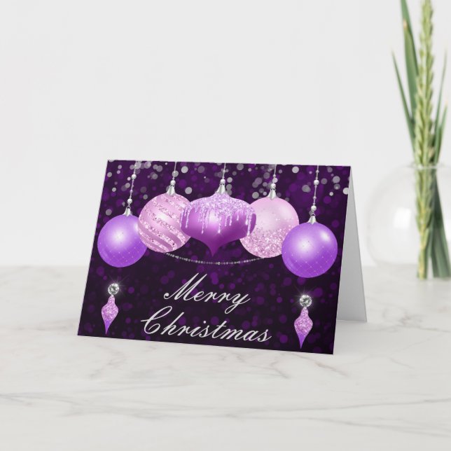 Cartes Pour Fêtes Annuelles Baubles de Noël violets, roses et argentés (Devant)