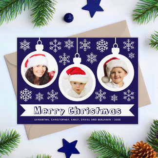 Cartes Pour Fêtes Annuelles Baubles Photo Collage Merry Christmas Blue & White