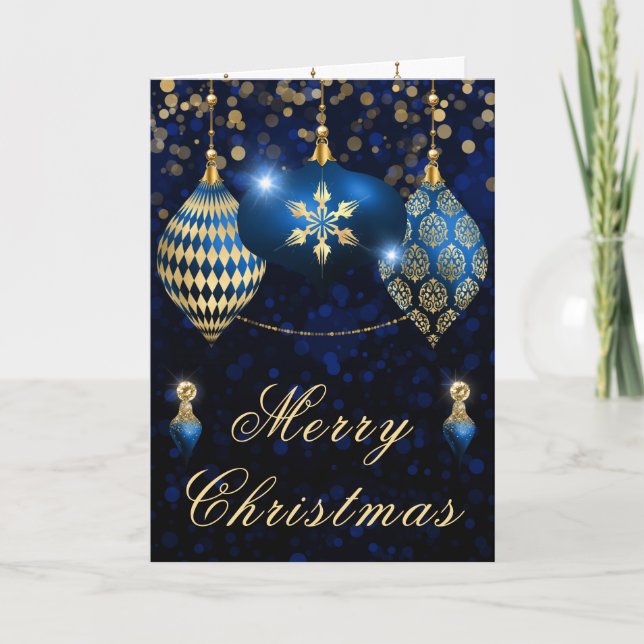 Cartes Pour Fêtes Annuelles Baubles Royal Blue & Gold Parties scintillant Noël (Devant)