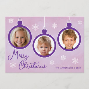 Cartes Pour Fêtes Annuelles Baubles Violettes 3 Collage de Photos Joyeux Noël