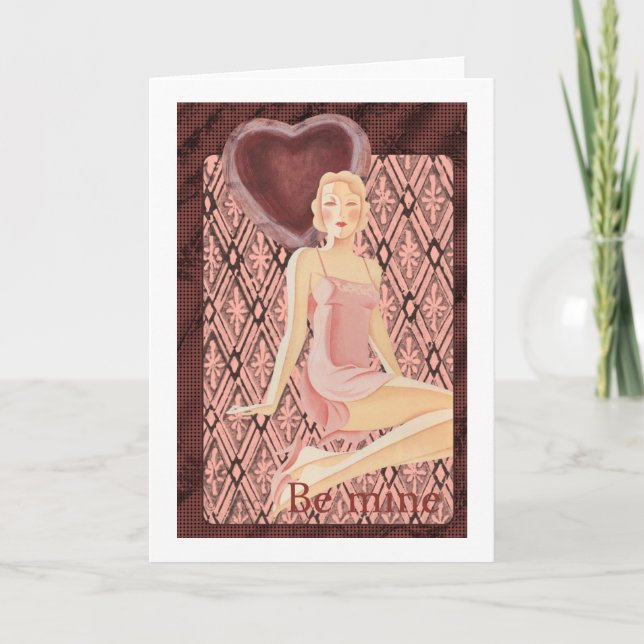 Cartes Pour Fêtes Annuelles Be Mine Valentine art déco femme robe rouge coeur (Devant)