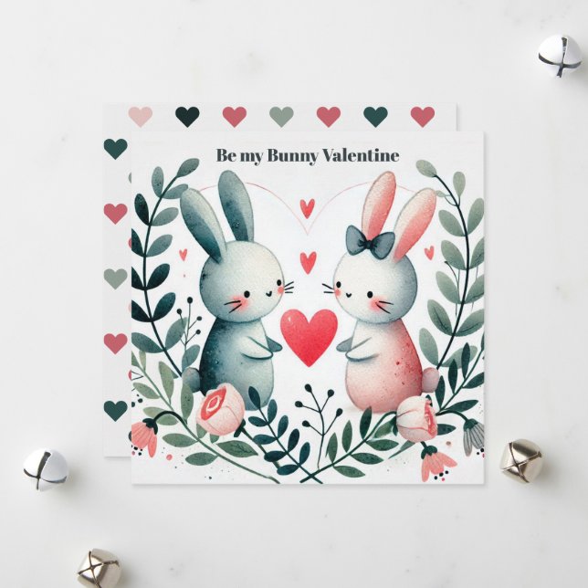 Cartes Pour Fêtes Annuelles "Be My Bunny Valentine" Lapins dans un cœur en gui (Devant/Arrière en situation)