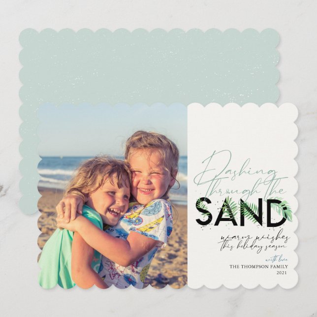 Cartes Pour Fêtes Annuelles Beach Christmas Aqua Dashing Through Sand (Devant / Derrière)