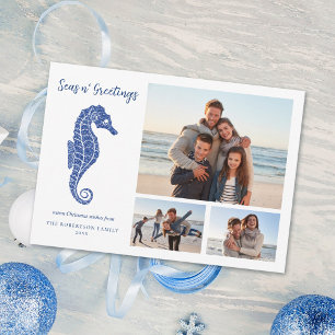 Cartes Pour Fêtes Annuelles Beach Christmas Marine Blue Seahorse 3 Photo