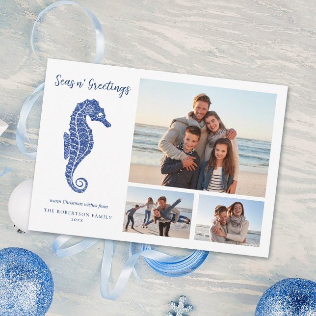 Cartes Pour Fêtes Annuelles Beach Christmas Marine Blue Seahorse 3 Photo (Créateur téléchargé)