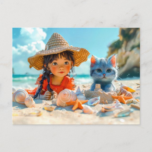 Cartes Pour Fêtes Annuelles Beach Day avec des coquillages et un chat (Devant)