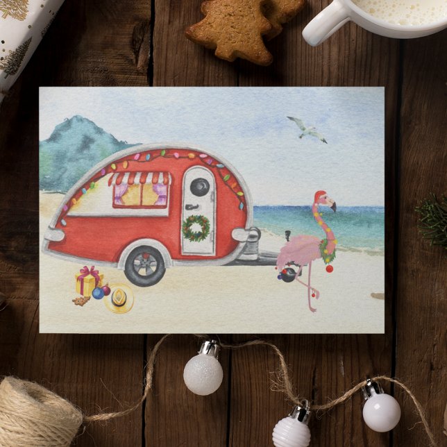 Cartes Pour Fêtes Annuelles Beach Holiday RV Camper Flamant rose de camping (Créateur téléchargé)