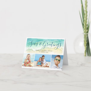 Cartes Pour Fêtes Annuelles Beachal Coastal Blue 3-Photo Seas & Salutations