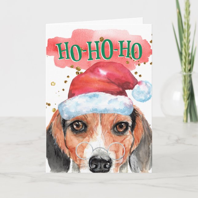 Cartes Pour Fêtes Annuelles Beagle drôle portant chapeau de Père Noël avec sal (Devant)