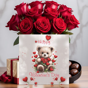 Cartes Pour Fêtes Annuelles Bear en Teddy mignonne avec Roses & Coeurs Valenti