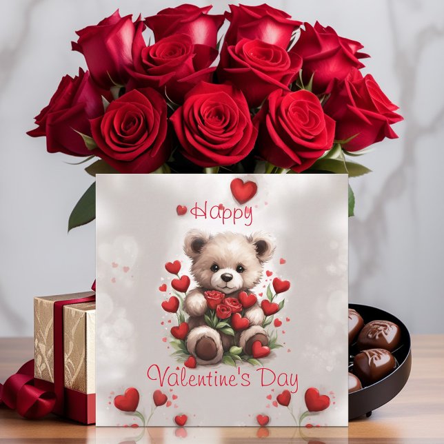 Cartes Pour Fêtes Annuelles Bear en Teddy mignonne avec Roses & Coeurs Valenti (Créateur téléchargé)