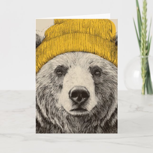 Cartes Pour Fêtes Annuelles Bear in Yellow Beanie Rustic Woodland Animal  (Devant)