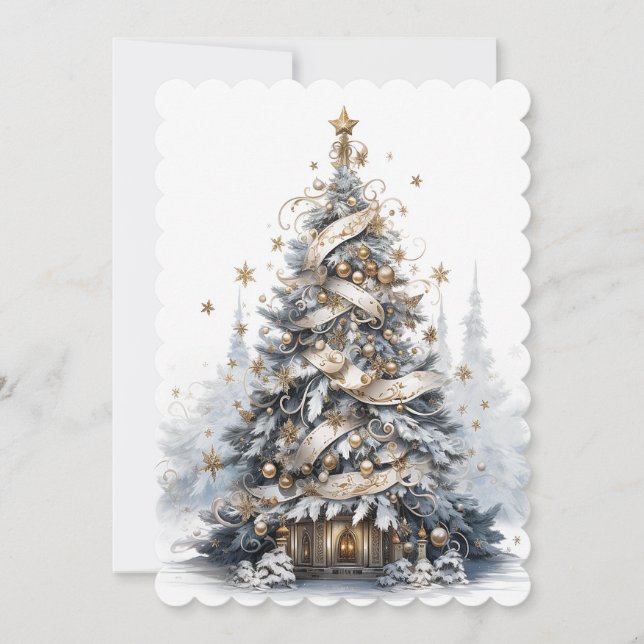 Cartes Pour Fêtes Annuelles Beau Bleu Blanc et Or Arbre de Noël (Devant)