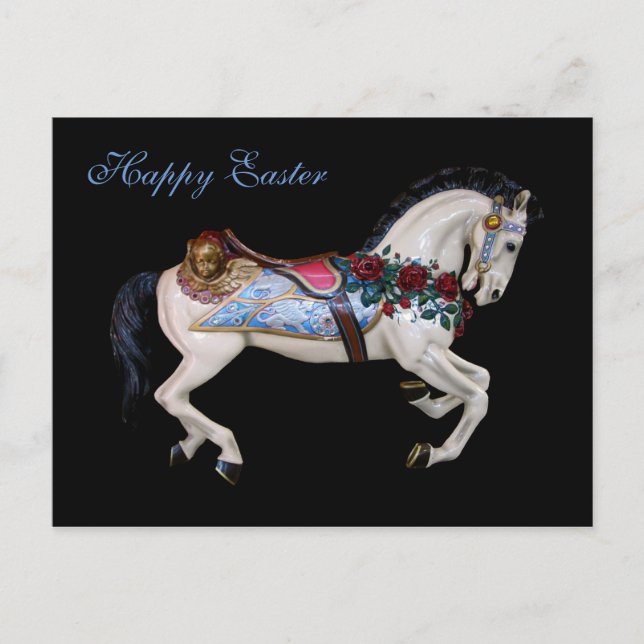 Cartes Pour Fêtes Annuelles Beau Carrousel Blanc Cheval Joyeux Pâques (Devant)
