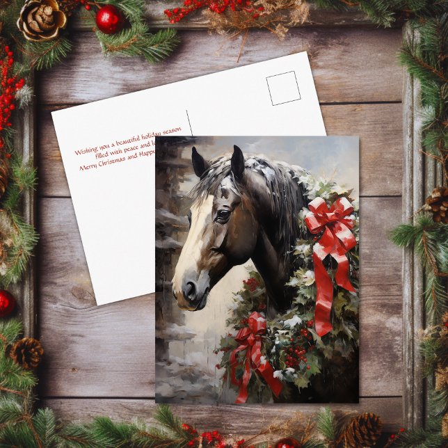 Cartes Pour Fêtes Annuelles Beau Cheval avec Wreath hiver Noël (Beautiful Horse with Winter Wreath Christmas Holiday Postcard)